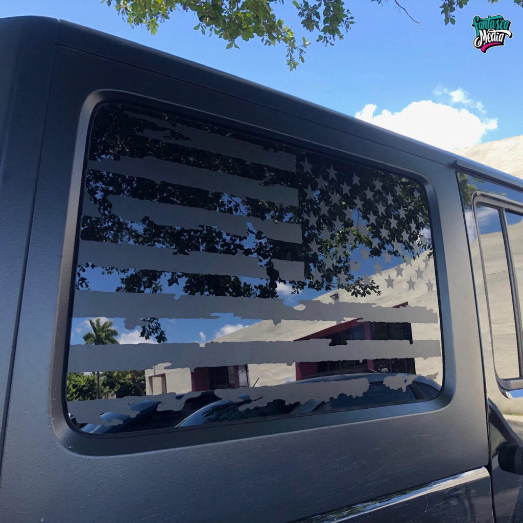 black frosted flag vinyl decal on rear black back car window vehicle